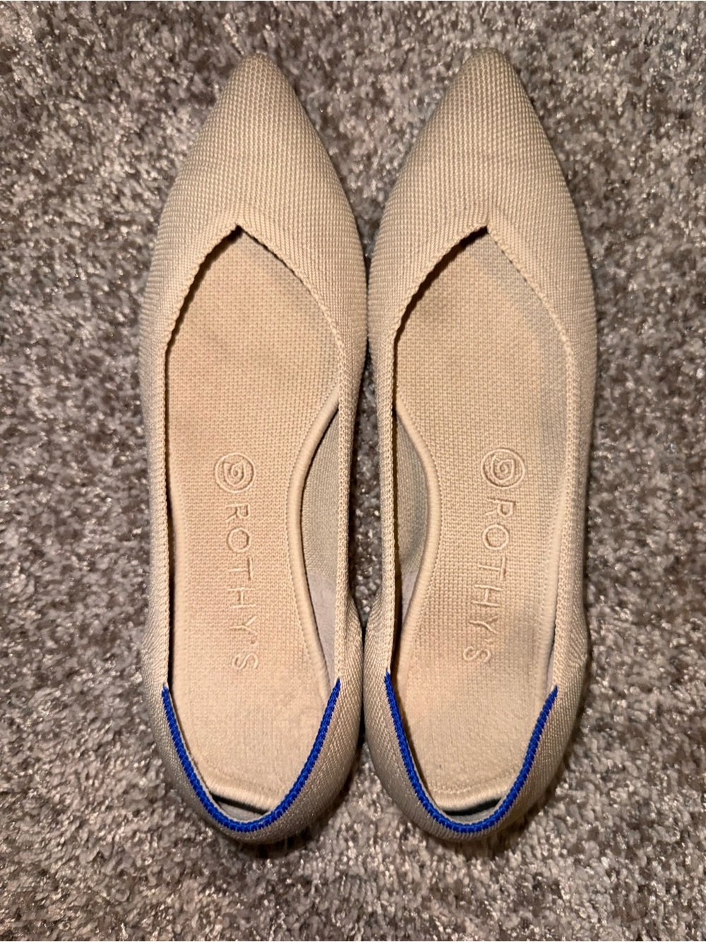 Rothy's Beige Pointed Knit Flats with Blue Trim - Picture 8 of 9